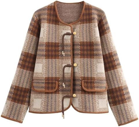 HOULENGS Women's Vintage Button Down Cardigan Sweater Plaid Print Long Sleeve Knit Coat with Pock... | Amazon (US)