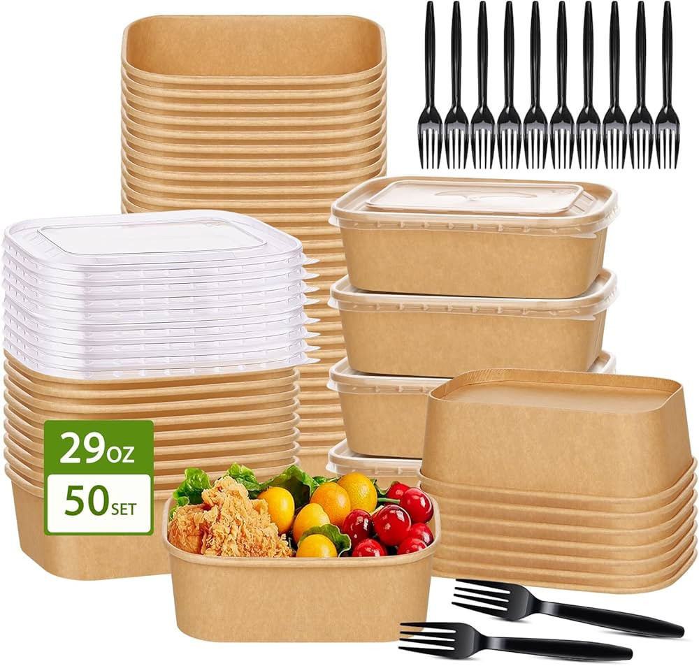 DI QIU REN 50-Pack 29oz Disposable Kraft Paper Bowls【with Lids and Forks】,Meal Prep Container... | Amazon (US)