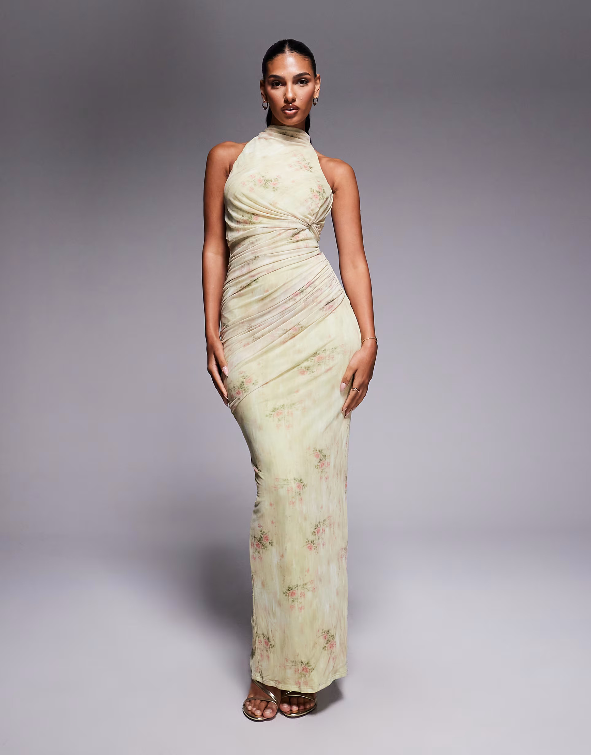 ASOS DESIGN mesh twist bust detail halter maxi with tie back neck in floral print | ASOS (Global)