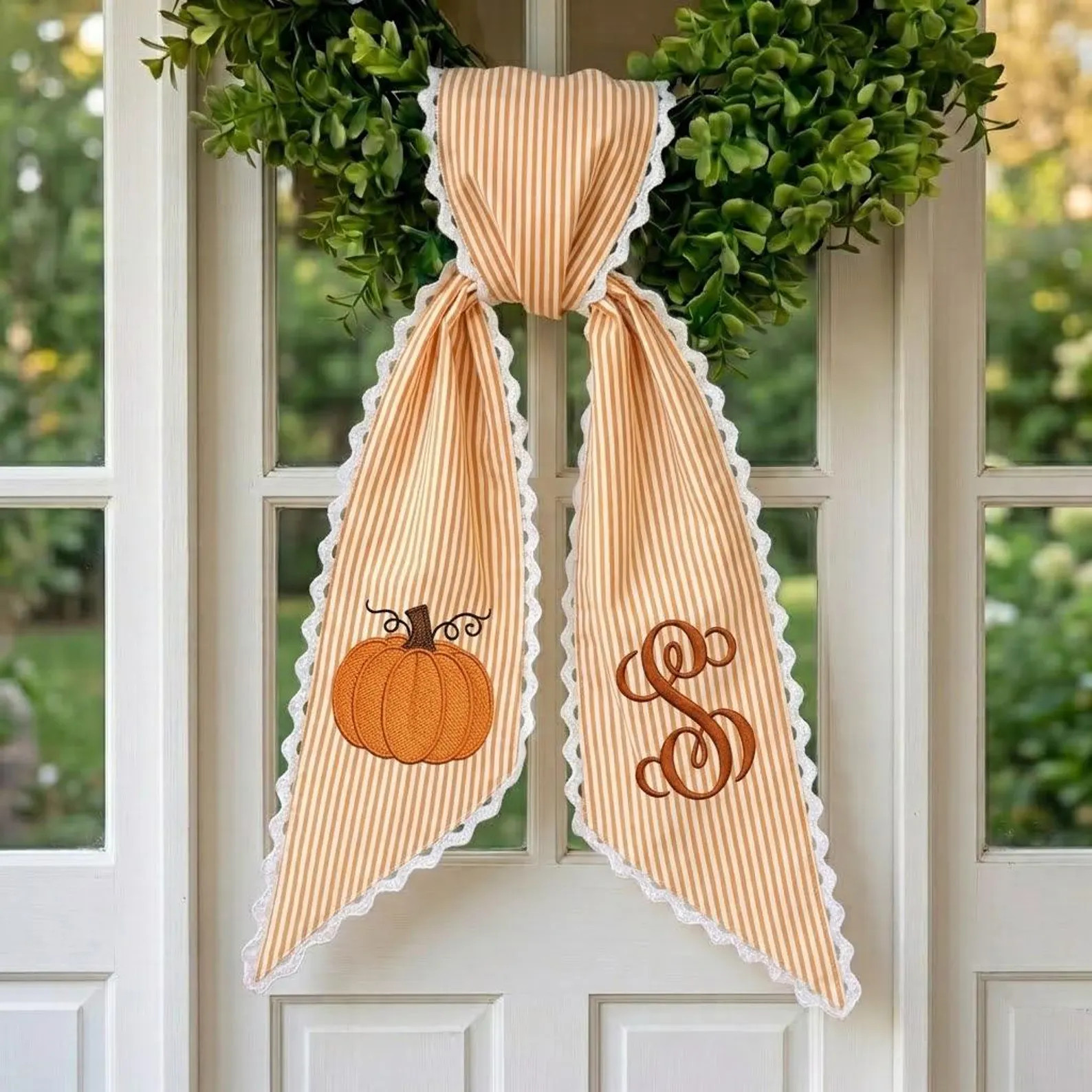 Embroidered Pumpkin Wreath Sash, Fall Monogram Door Ric Rac Bow, Custom Autumn Wreath Ribbon, Cus... | Etsy (Global)