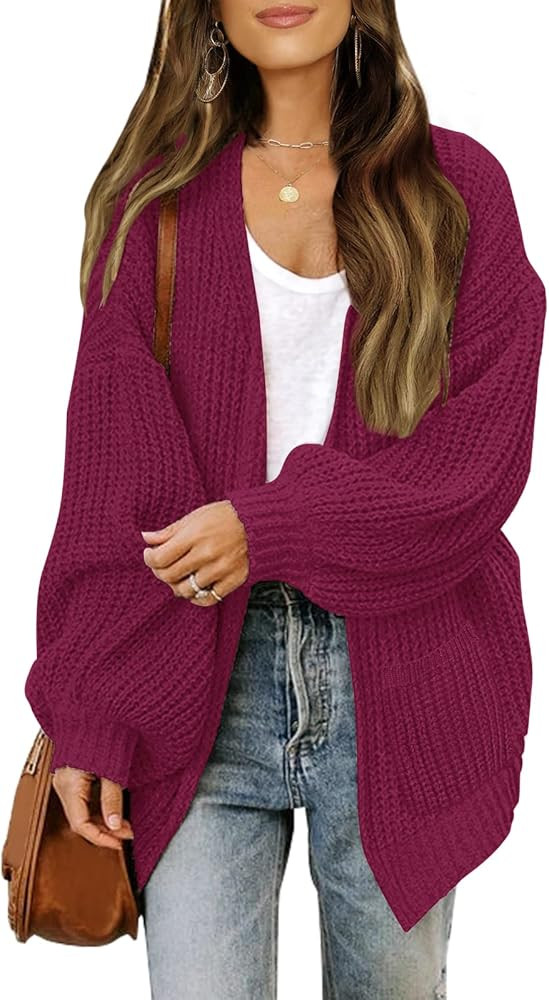 MEROKEETY Women's Fall Open Front Long Lantern Sleeve Cardigan Oversized Chunky Outwear with Pock... | Amazon (US)
