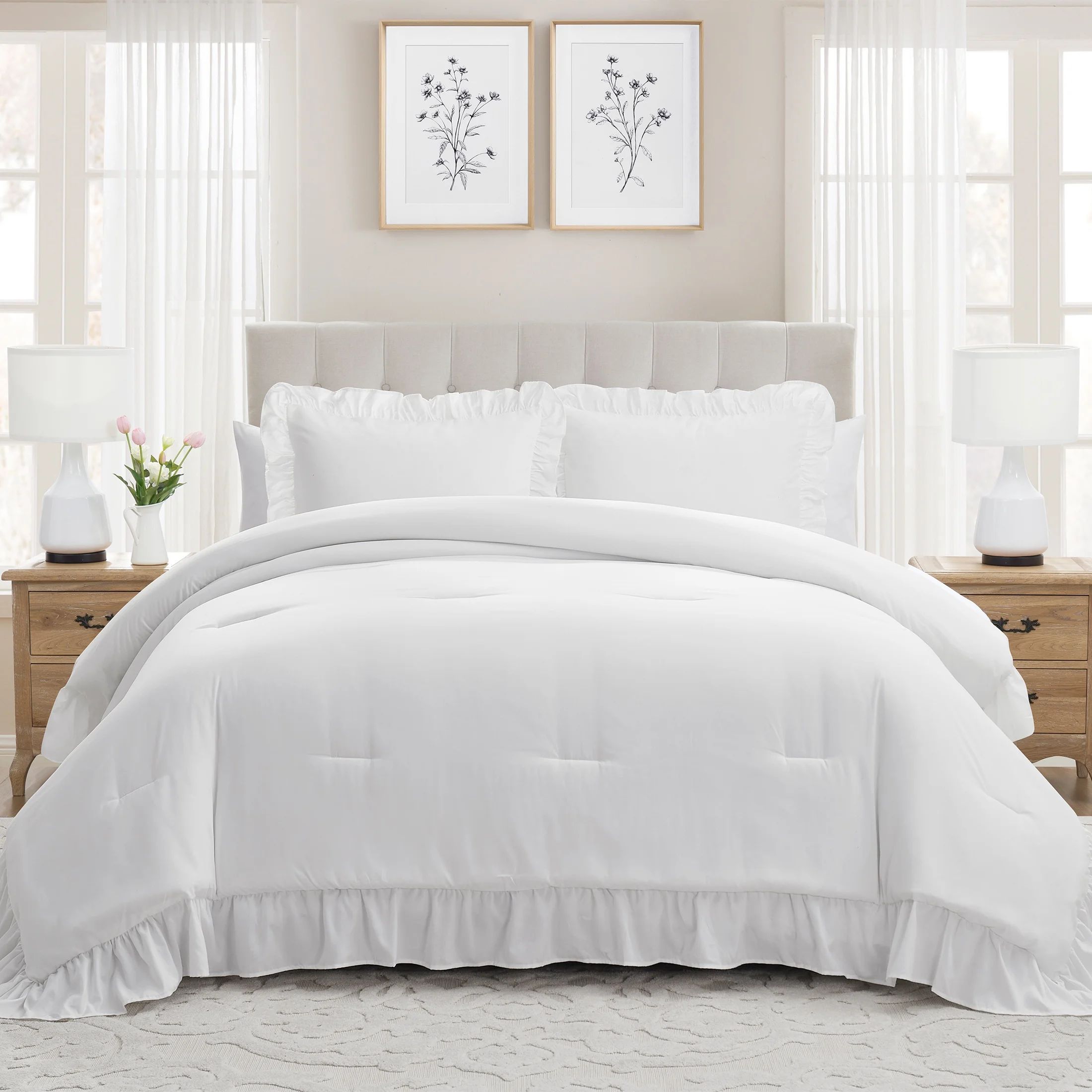 My Texas House Delphine 2-Piece Bright White Ruffle Comforter Set, Twin/Twin XL | Walmart (US)