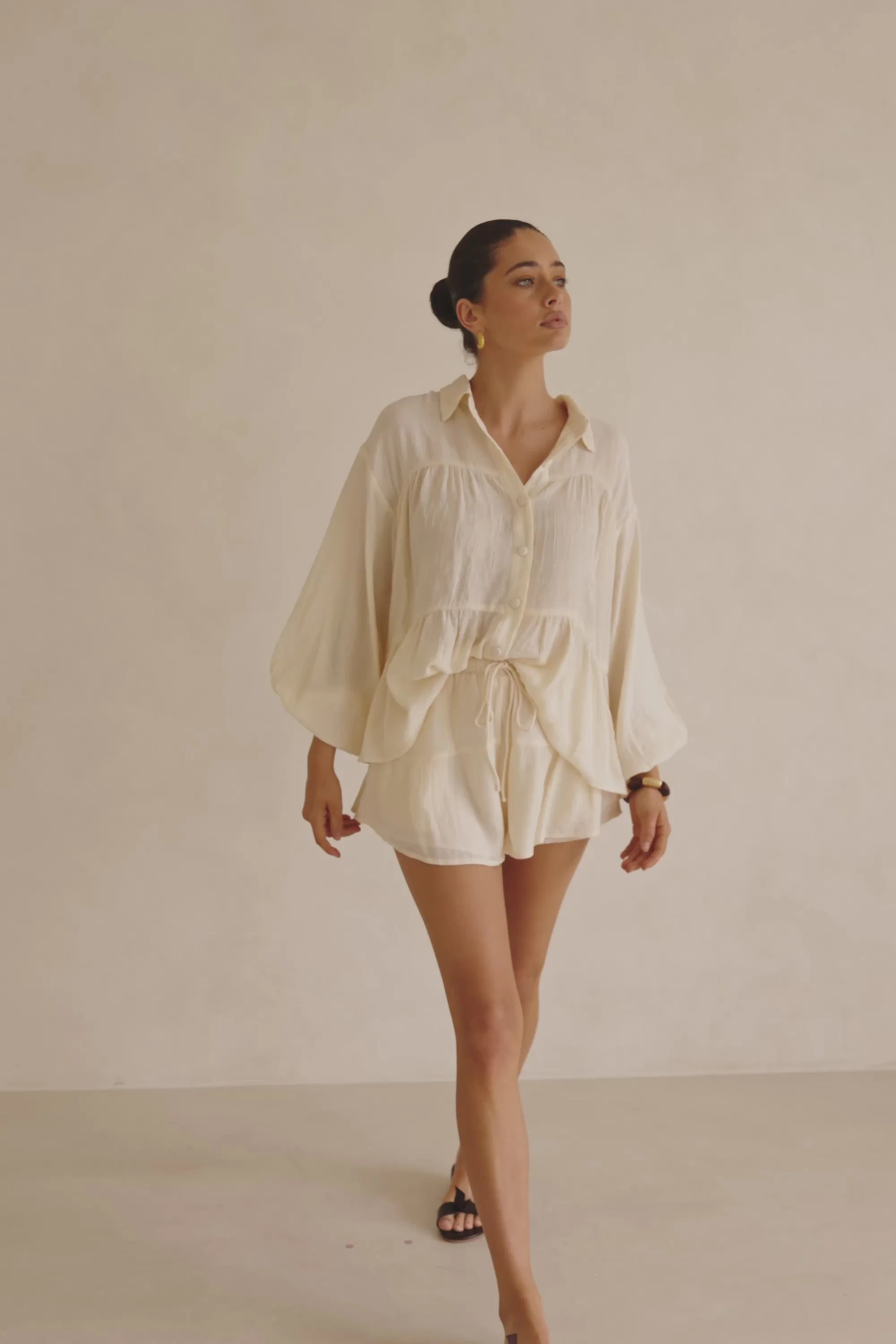 Cream High Waist Drawstring Panelled Huxley Shorts | Sabo Skirt US