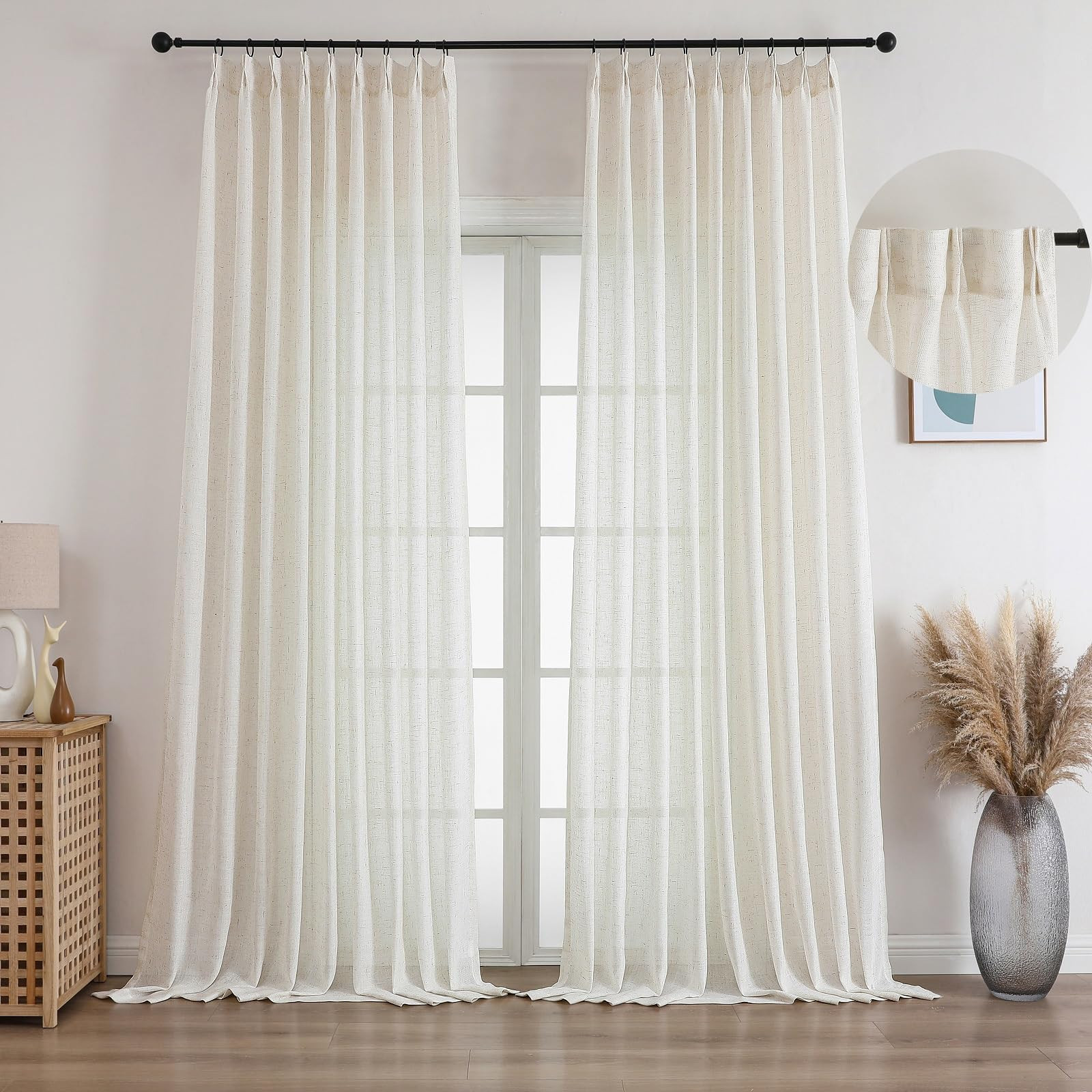 Pinch Pleated Sheer Linen Curtains 108 Inches Long 2 Panels Light Filtering Drapes for Living Roo... | Amazon (US)