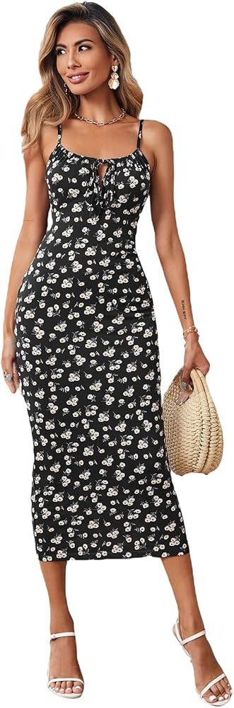 Floerns Women's Floral Print Drawstring Front Sleeveless Cami Midi Dress | Amazon (US)