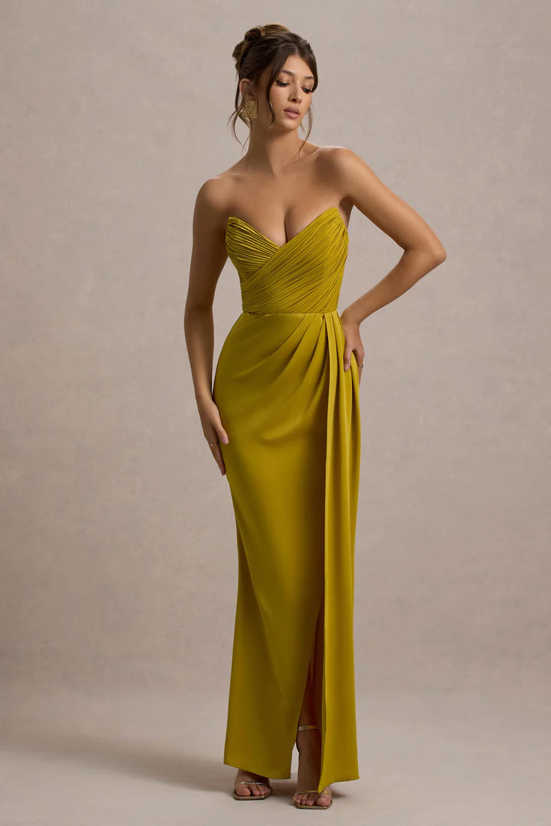 Edel  Mustard Satin Strapless Maxi Dress With Drape | Club L London