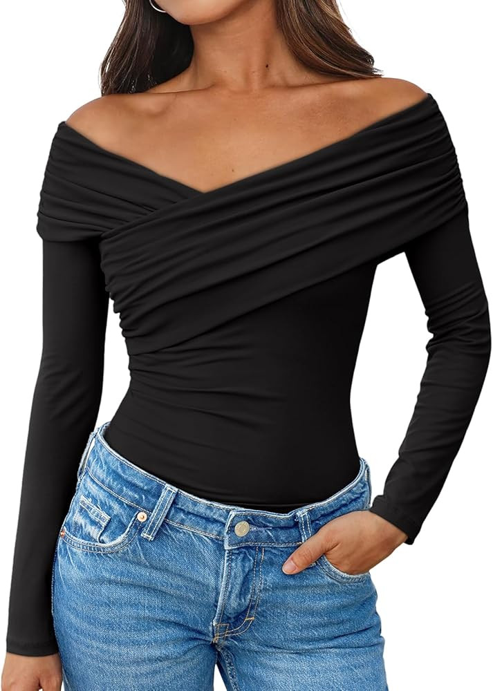 Trendy Queen Women Off The Shoulder Tops Going Out Long Sleeve Shirts Sexy Cute Y2K Basic Tee Clo... | Amazon (US)