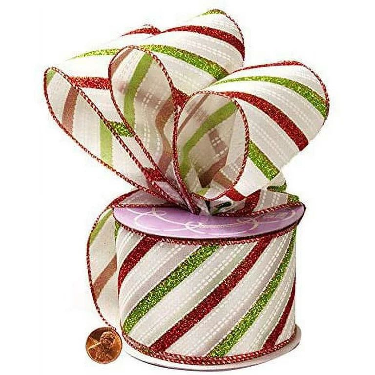 Holiday Wired Christmas Tree Ribbon - 2 1/2" x 10 Yards, Red and Green Glitter Stripes on White, ... | Walmart (US)