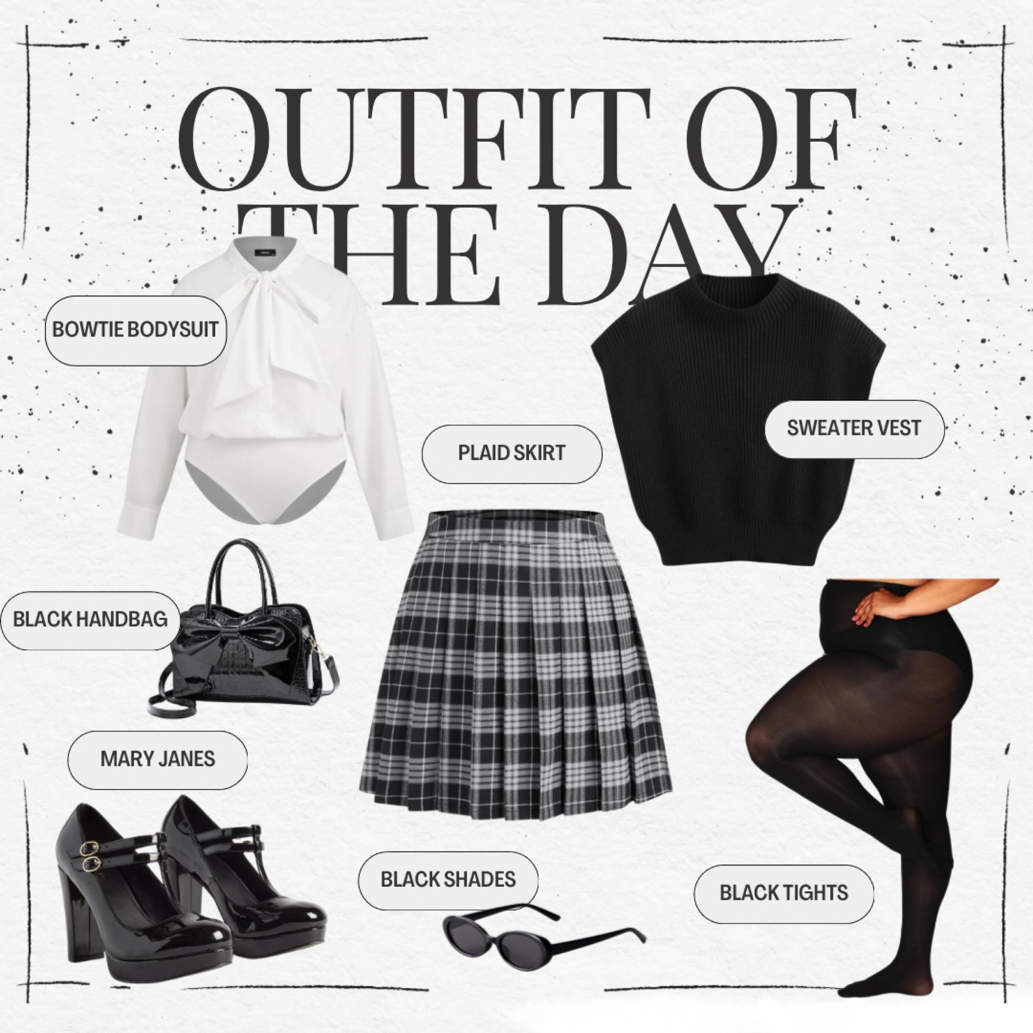 If you love preppy-meets-modern vibes, this outfit is for you! A black sweater vest layered over a crisp white bowtie bodysuit gives this plaid skirt a trendy academic touch. Black tights and Mary Janes keep it classic, while the patent black handbag and sunglasses add a polished flair. 

This outfit is perfect for brunch with friends or exploring the city. Don’t be afraid to mix textures—the knit vest and shiny accessories bring dimension to this look!

#LTKWorkwear #LTKShoeCrush #LTKPlusSize