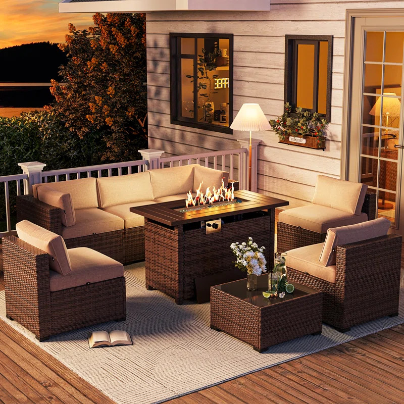 Caradog Wicker 6 - Person Patio Conversation Sets with Cushions Coffee Table and Fire Pit | Wayfair North America