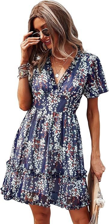 Floerns Women's Boho V Neck Ruffle Short Sleeve Floral Print A Line Short Dress | Amazon (US)