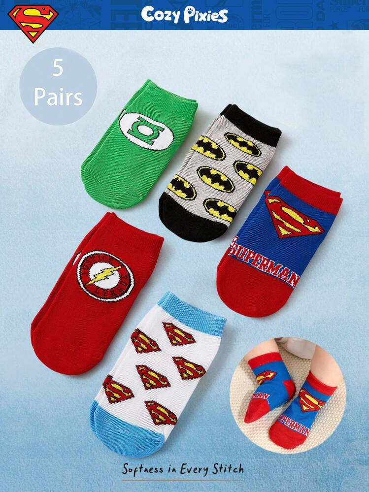 SUPERMAN X Cozy Pixies 5 Pairs Soft & Comfortable Baby Socks, Suitable For Newborns | SHEIN