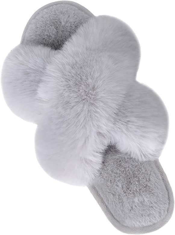 Women's Cross Band Slippers Soft Plush Furry Cozy Open Toe House Shoes Indoor Outdoor Faux Rabbit Fu | Amazon (CA)