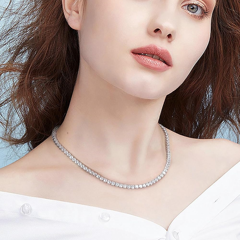 Epinki 925 Sterling Silver Necklace for Women, Tennis Chain with White Cubic Zirconia Fashion Necklaces | Amazon (US)
