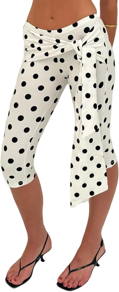 Women's Y2K Polka Dot Tie Up Low Rise Stretch Capri Pants 3/4 Length Cropped Streetwear Trousers | Amazon (UK)