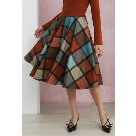 Color Block Checked Pattern Flare Midi Skirt | Chicwish