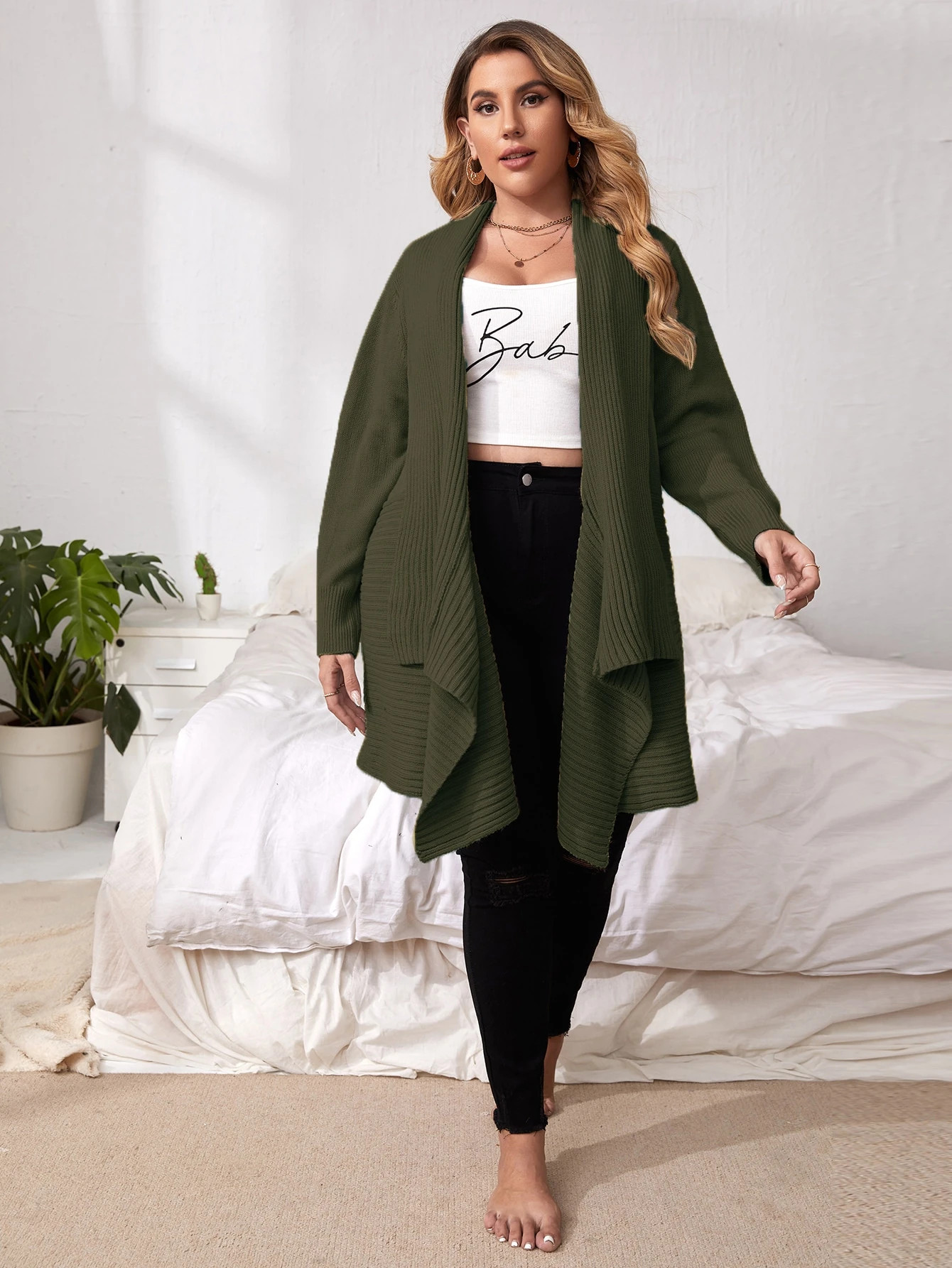 Plus Waterfall Collar Open Front Cardigan | SHEIN