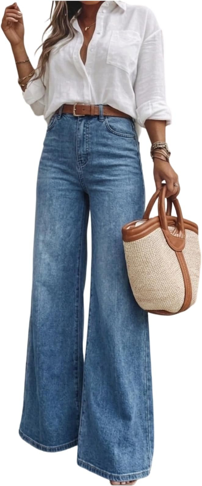 Women's High Waisted Wide Leg Jeans Classic 5-Pocket Dark Wash Long Bootcut Denim Pants for Casua... | Amazon (US)