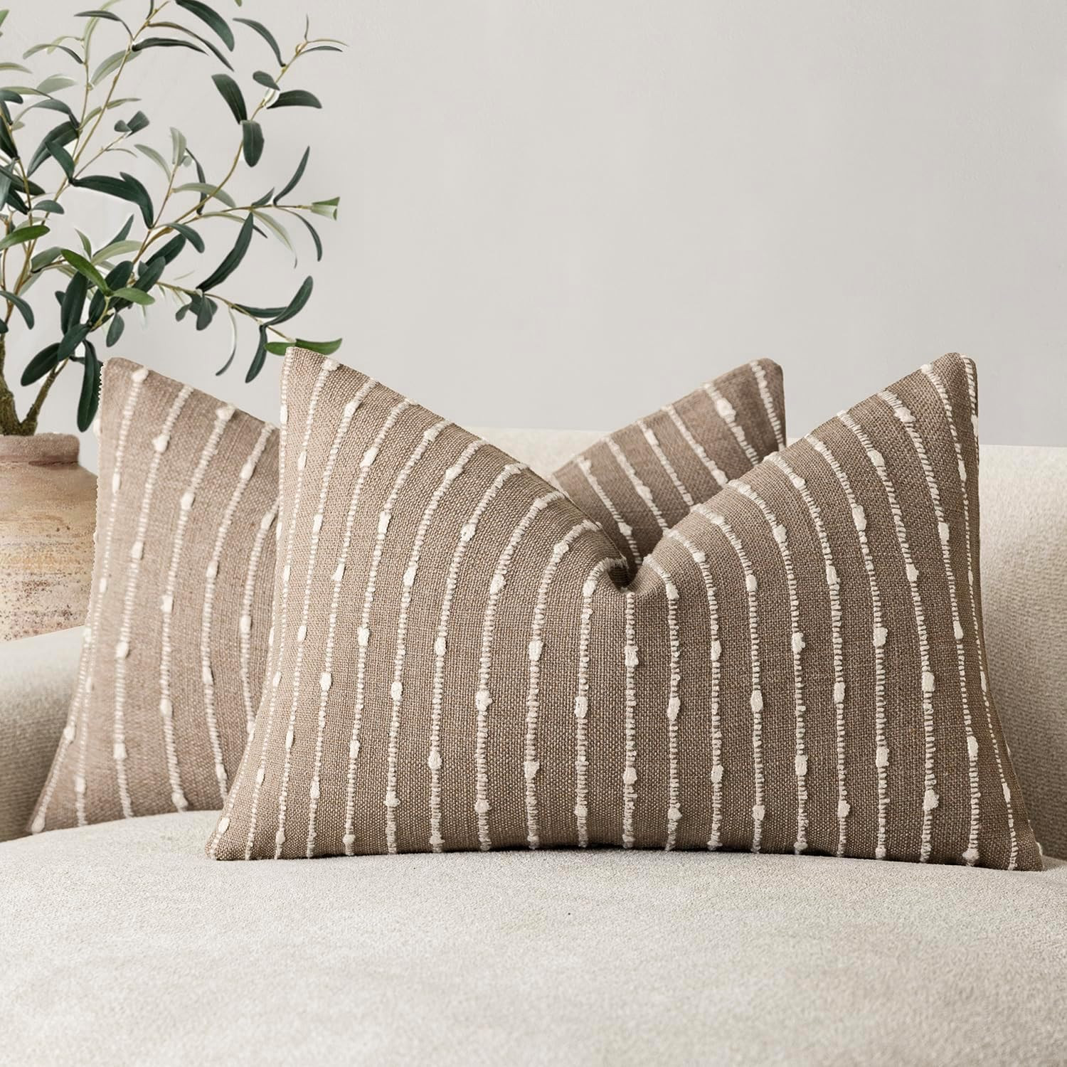Foindtower Boho Striped Boucle Lumbar Throw Pillow Covers 12x20 Taupe Gray | Amazon (US)