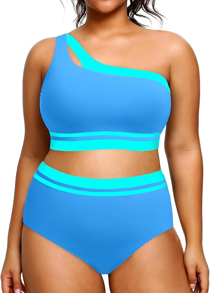 Aqua Eve Women Plus Size High Waisted Bikini One Shoulder Two Piece Swimsuit Color Block Bathing ... | Amazon (US)