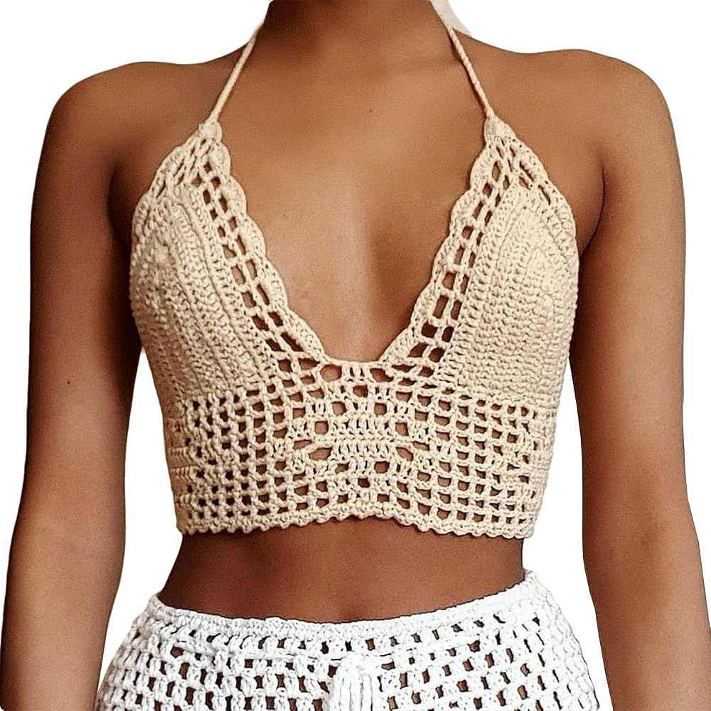 Crochet Halter Tops for Women Backless Camisole Knit Bra Tops Bralette Summer Beachwear | Amazon (US)