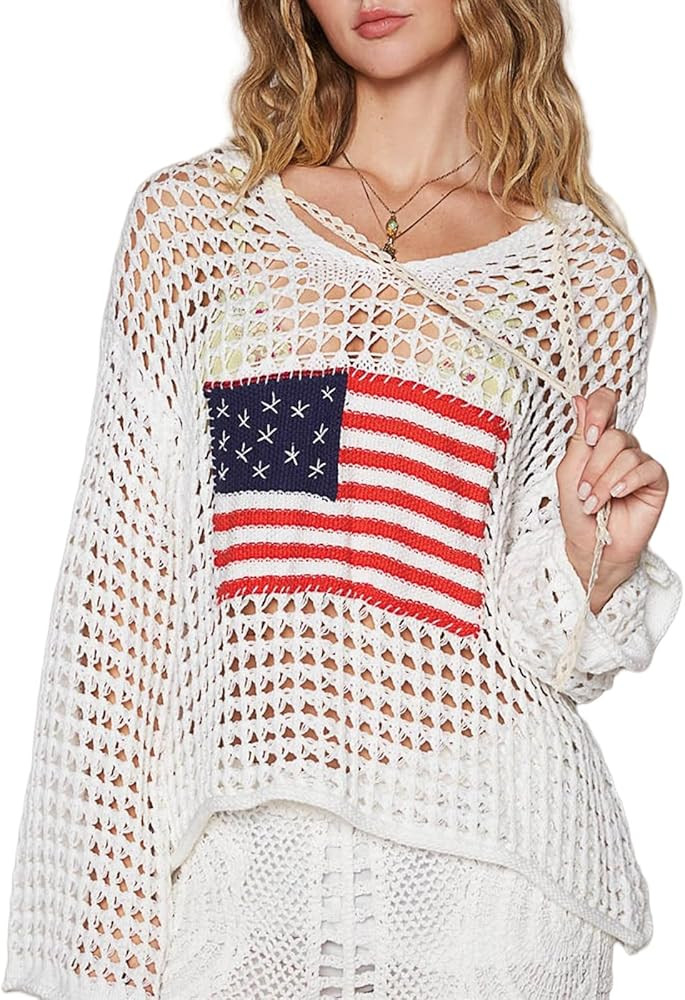 Women's American Flag Crochet Sweater Long Sleeve Hollow Out Lightweight Knit Hoodie 2025 Summer ... | Amazon (US)