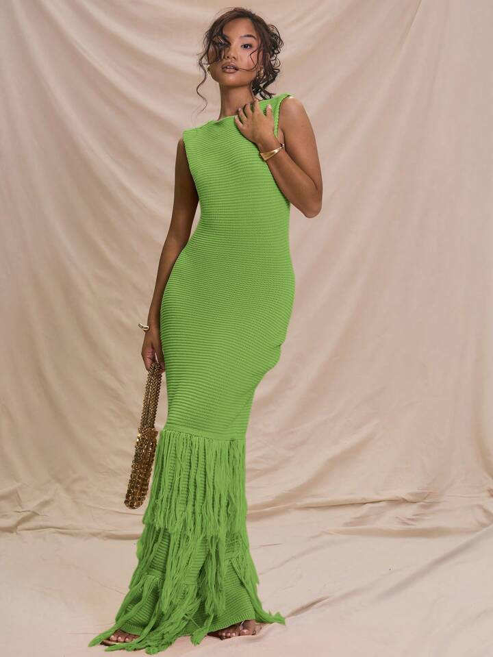 MUSERA Sleeveless Ribbed Maxi Dress Fray Hem Detail Summer Holiday Vacation Dress | SHEIN