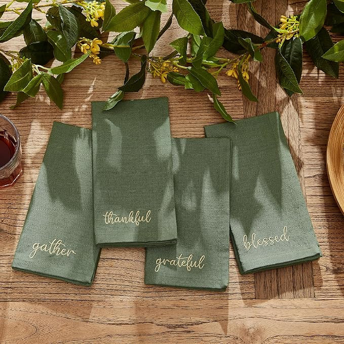 Elrene Home Fashions Harvest Fall Sentiment Embroidered Napkins, Set of 4, 17"x17", Green | Amazon (US)