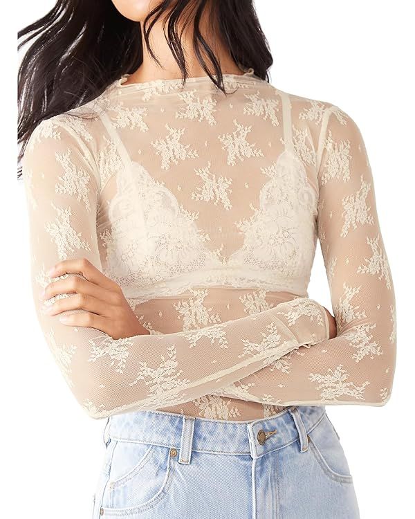 Sheer Mesh Long Sleeve Layering Top for Women Mock Neck Floral Lace Tshirt See Through Tee Shirt ... | Amazon (US)
