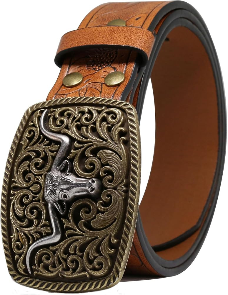Western PU Leather Cowboy Cowgirl Belt for Men & Women - Vintage Flower Buckle Embossed Leather B... | Amazon (US)
