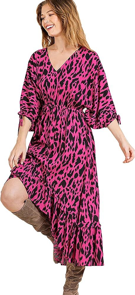 Umgee Womens Animal Print Puff Sleeve V-Neck Midi High Low Ruffle Hem Dress | Amazon (US)