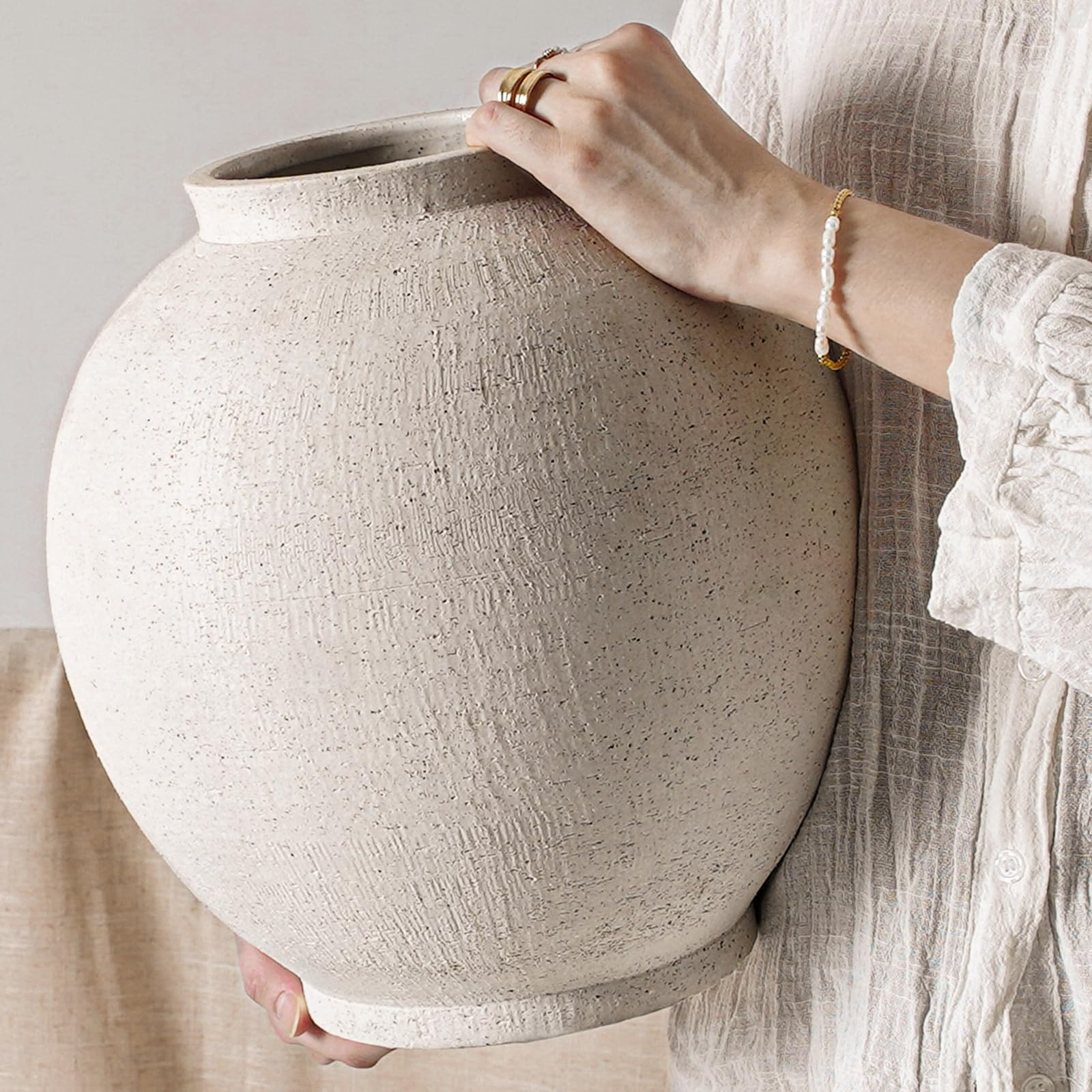 White Ceramic Vase - Large 12.5 Inch Round Floor Vase for Centerpieces, Farmhouse Rustic Minimali... | Amazon (US)