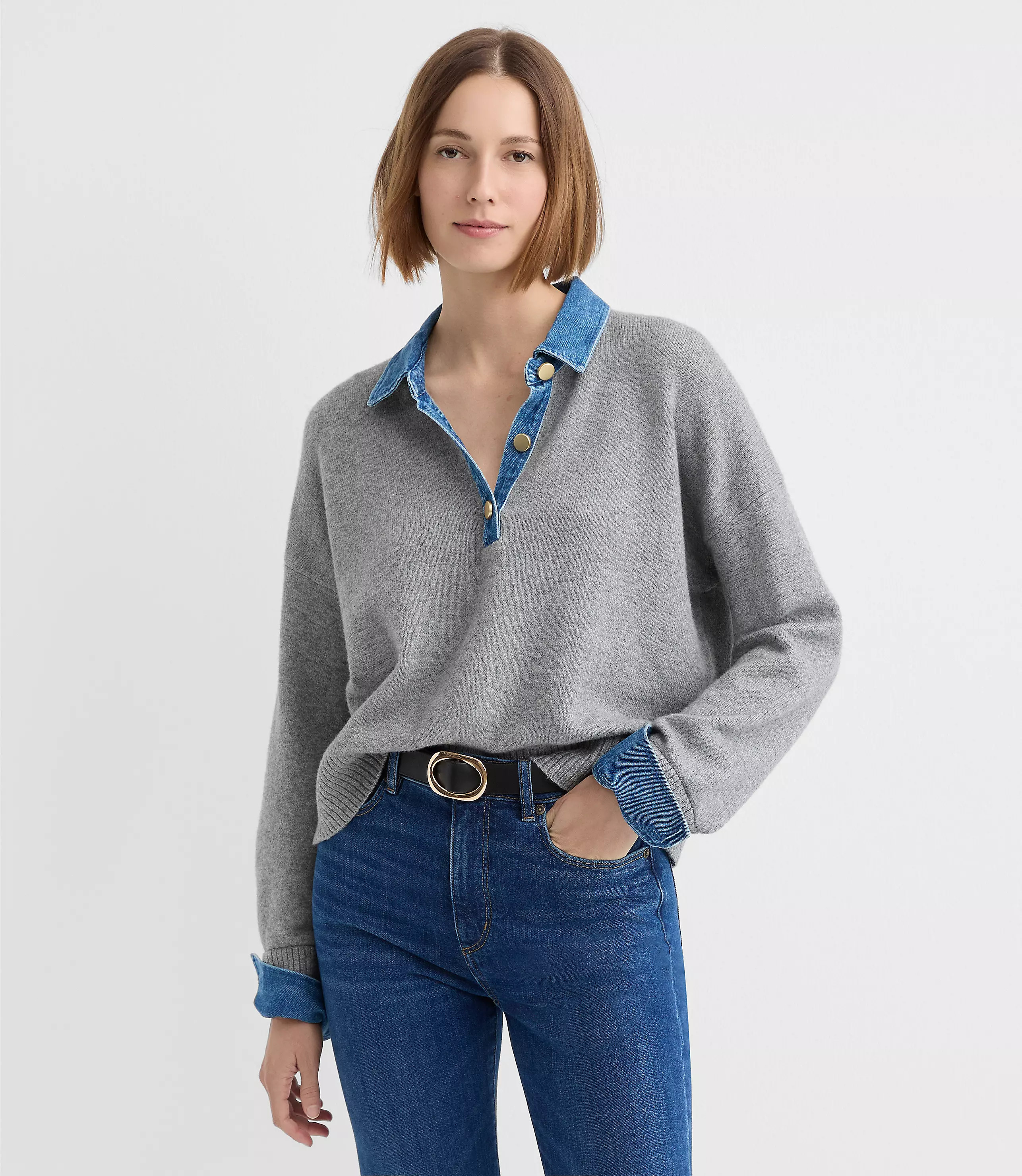 Denim Trim Henley Sweater | LOFT