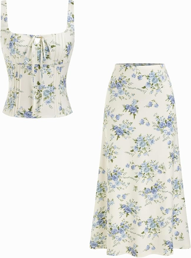 CIDER Womens Two Piece Outfits Floral Tie Front Tank Tops and A Line Skirts Summer Casual Going O... | Amazon (US)