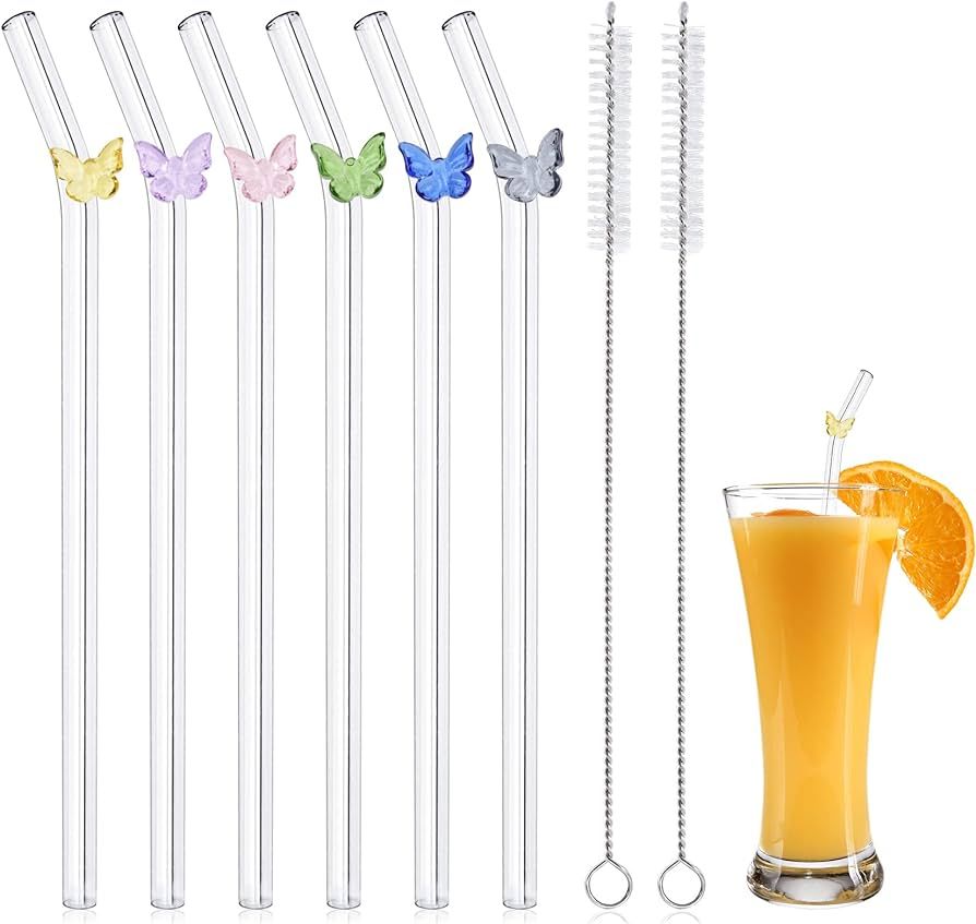 Reusable Glass Straws with Colorful Butterfly, 6 PCS Reusable Straws with 2 Cleaning Brushes, Sha... | Amazon (US)