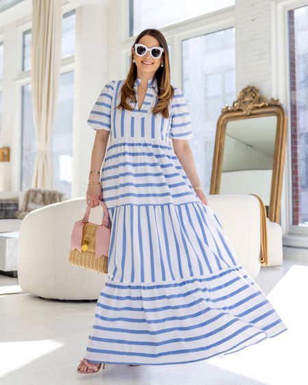 The Style Charade x Sail to Sable Marie maxi dress in blue and white stripes paired with a wicker and pink ribbon trim and pink Alexandre Birman sandals

#LTKSeasonal #LTKitbag #LTKstyletip