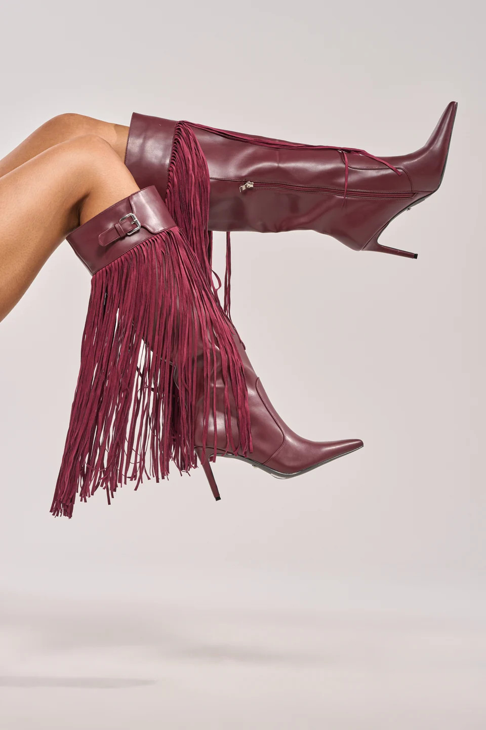 Burgundy Fringe Knee High Boot, Pointed Toe | AKIRA | AKIRA