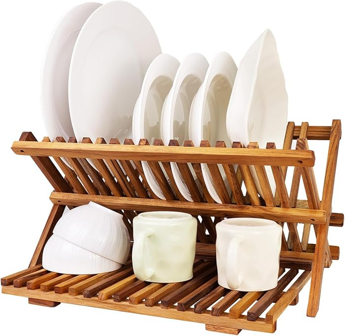 Utoplike 3 Tier Collapsible Teak Wood Dish Drying Rack, Foldable Large Capacity Dish Draine, Spac... | Amazon (US)