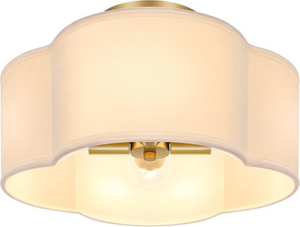 4-Light Semi Flush Mount Ceiling Light Fixture, Gold Modern Close to Ceiling Lamp with White Fabr...