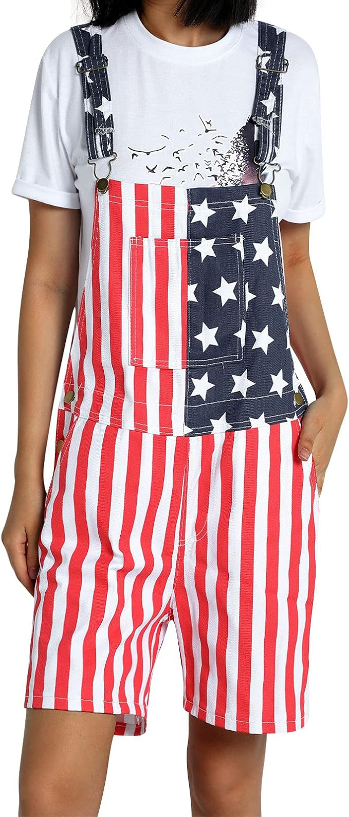 Unisex One Piece Romper, Summer American Flag Print Denim Bib Overall Shorts for Men Women | Amazon (US)