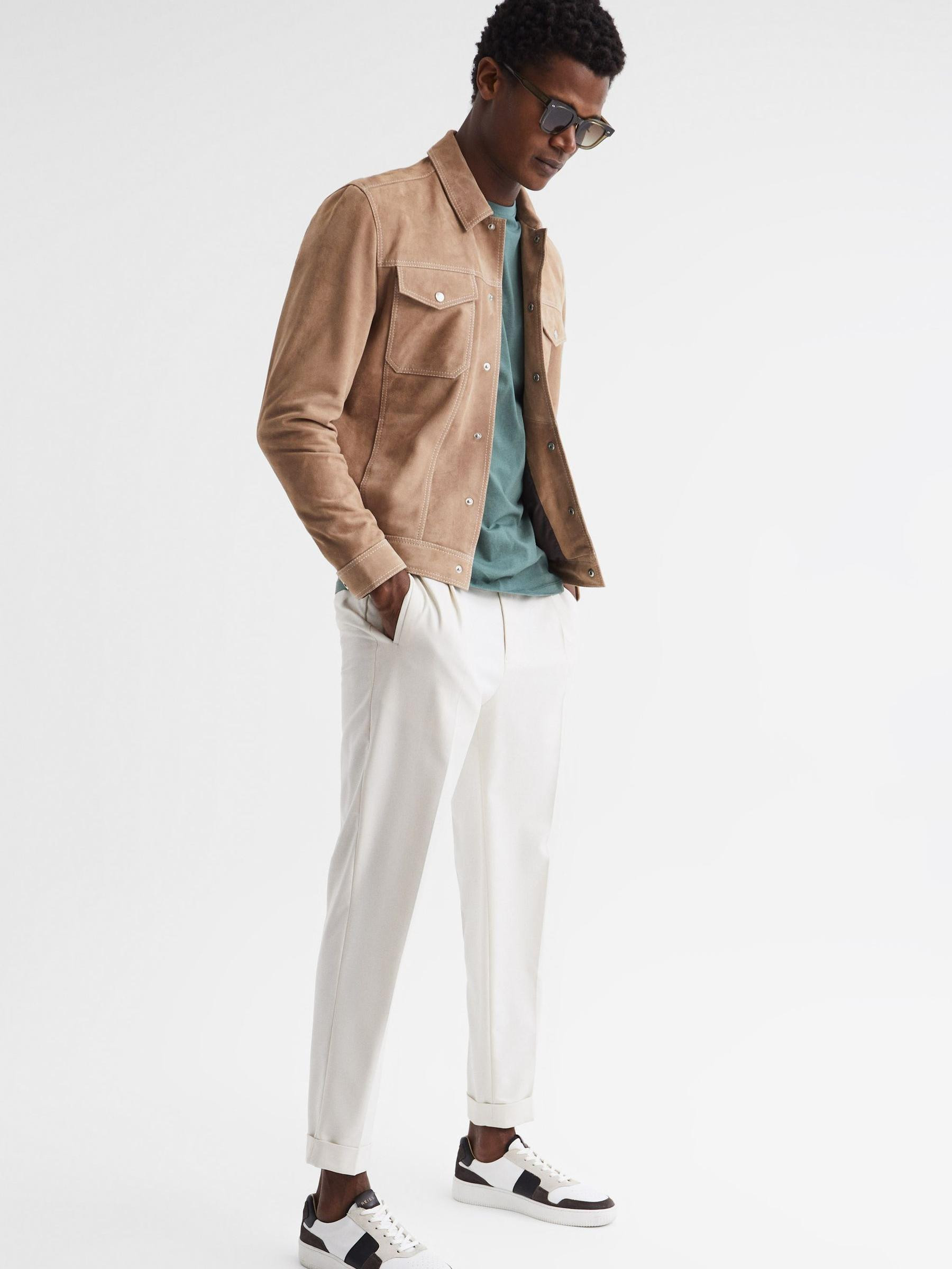 Suede Button-Through Trucker Jacket in Sand | Reiss US