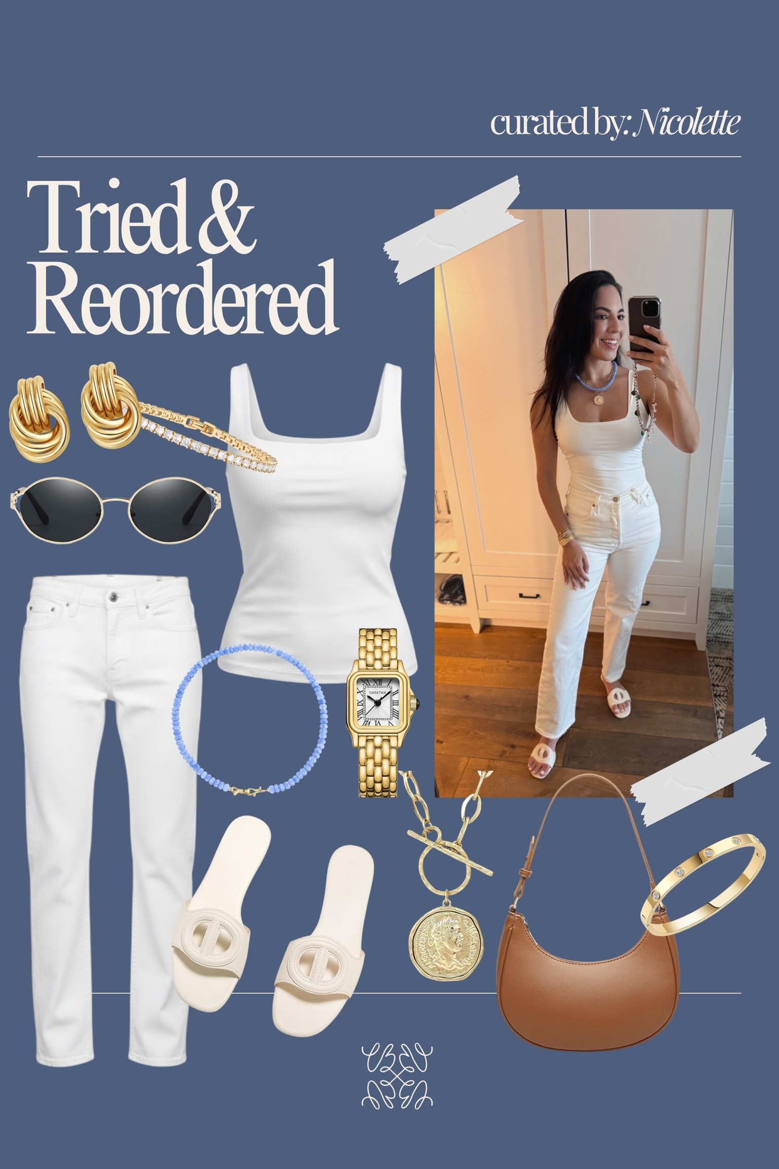 Tried & reordered for a reason.

This white tank and denim combo is one of those outfits that never fails. The fit is flattering, the fabric holds up wash after wash, and it layers perfectly with gold jewelry and a classic watch. It’s simple, clean, and always looks intentional.

I’ve worn these pieces on repeat and went back for them again because they just work. Easy slides, a neutral shoulder bag, and a few statement accessories are all it takes to make it feel elevated.

If you love timeless staples you can style a hundred ways, these are worth adding. 

#TriedAndReordered #CapsuleWardrobe #EverydayStyle #AmazonFinds #NeutralOutfits #TimelessFashion 

 #LTKSeasonal #LTKBeauty