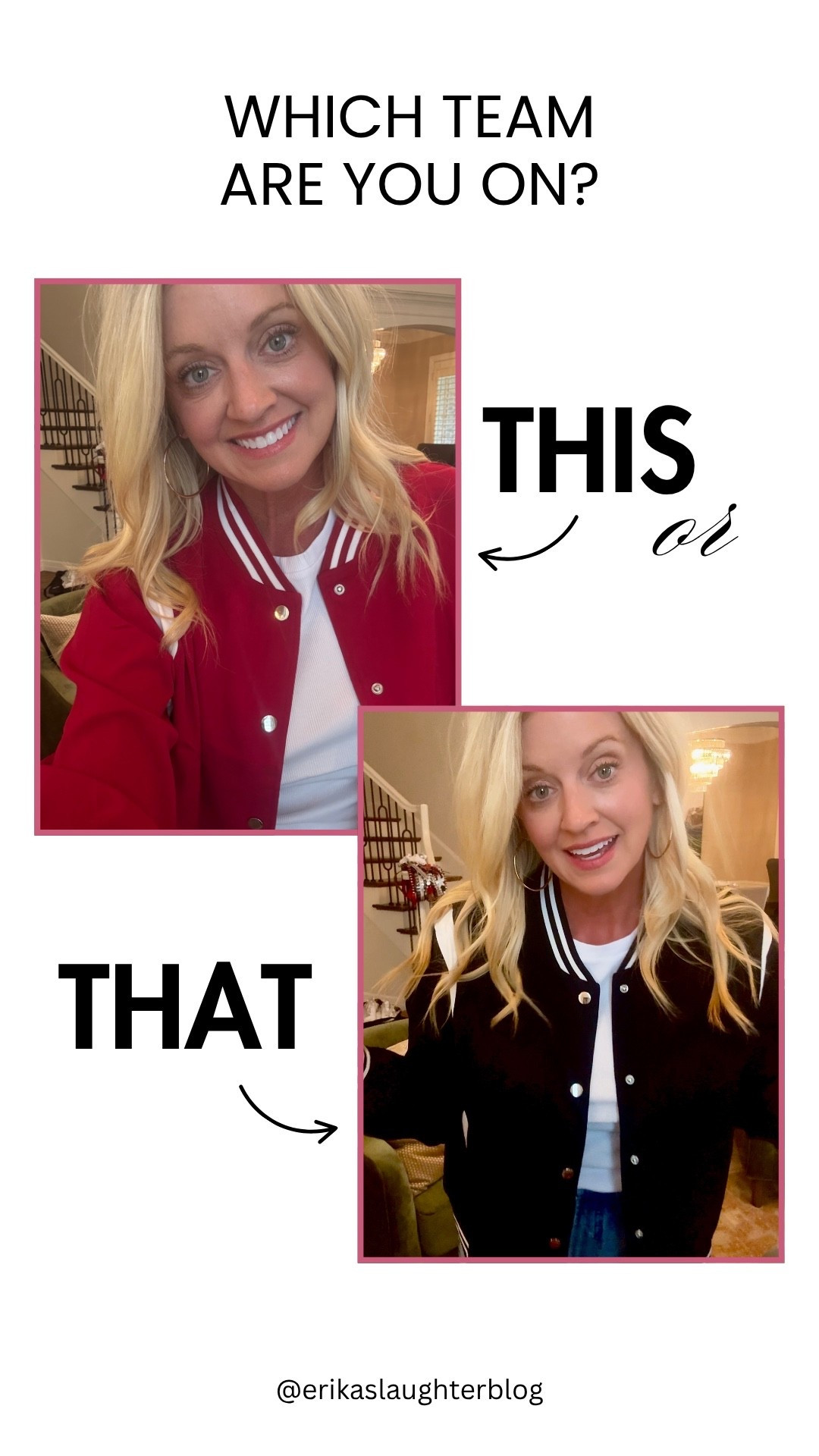 Varsity vibes, two ways. Which one are you rooting for — bold red or classic black? Both give major fall game-day energy.

#falloutfit #gamedaystyle #classiclook #casualoutfit #ltkfashion #ltkstyle #falllayers #varsityjacket #casualchic #fallvibes



#LTKStyleTip #LTKSeasonal #LTKActive