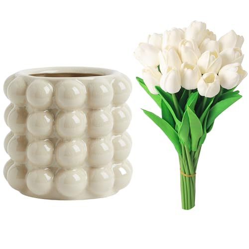 YANWE1 Small Bubble Vase with 20 Pcs Faux Tulips | Amazon (US)