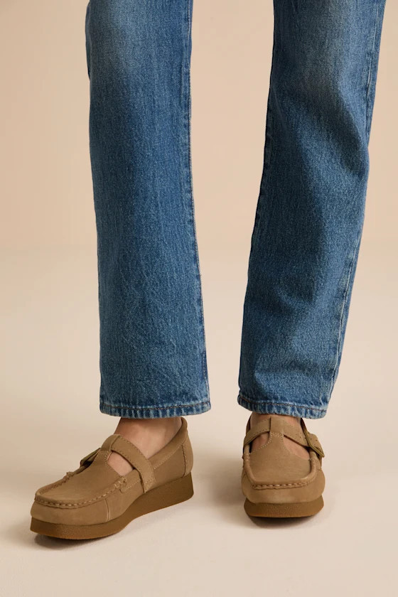 Wallabee T-Bar Dark Sand Suede Buckle Flats | Lulus