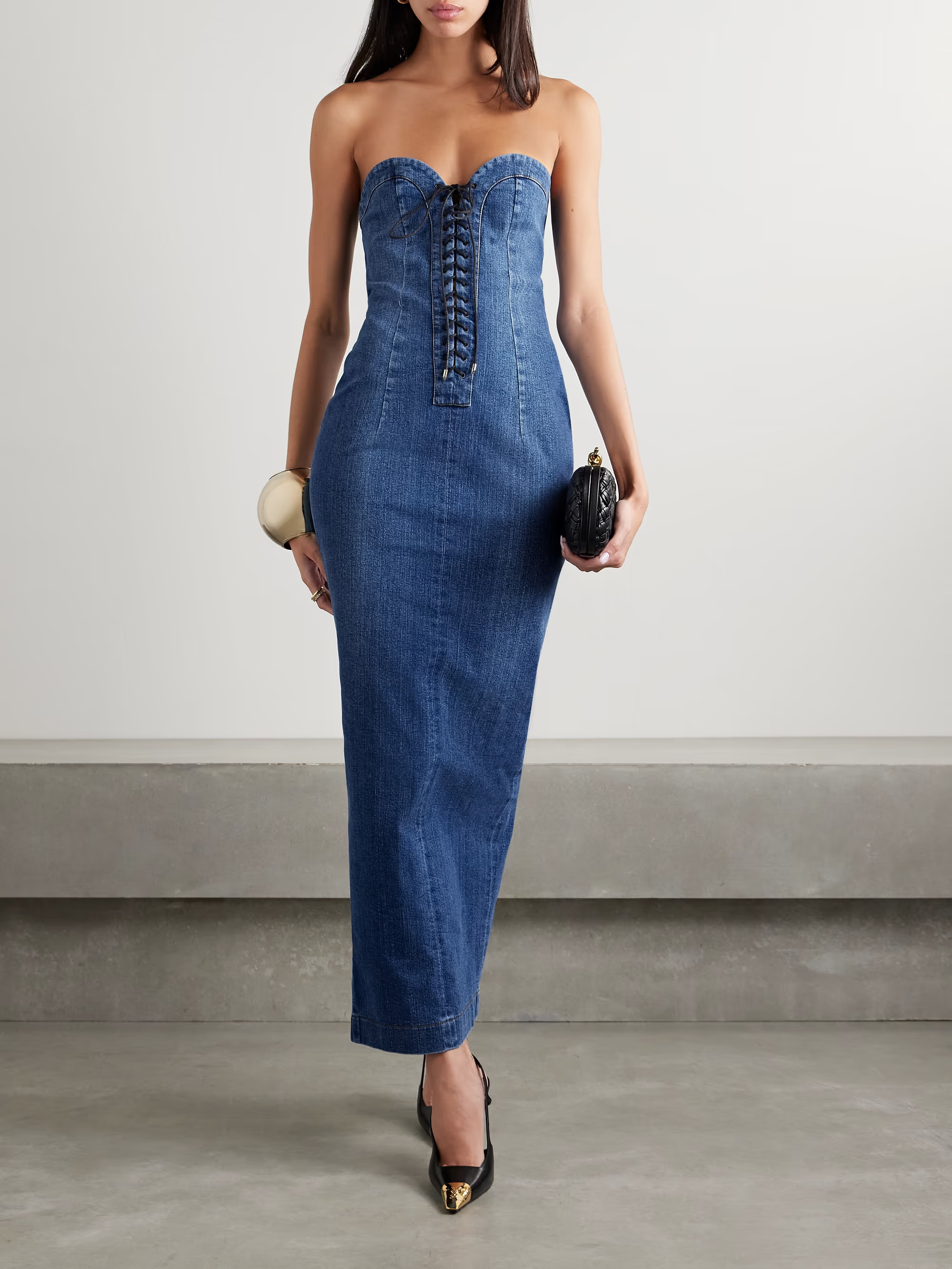 Strapless lace-up denim maxi dress | NET-A-PORTER (US)