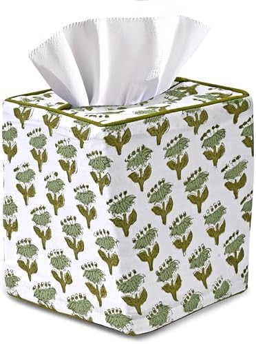 CPC Emerald Green Hand Block Printed Cotton Tissue Box Cover 5" x 5" x 5.5" Square Soft Reusable ... | Amazon (US)