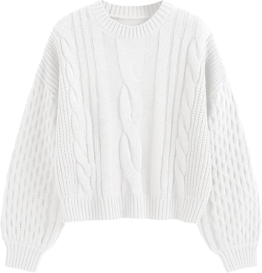 ZAFUL Women's Solid Knit Cable Sweater Casual Long Lantern Sleeve Pullover Crew Neck Knitted Tops | Amazon (US)
