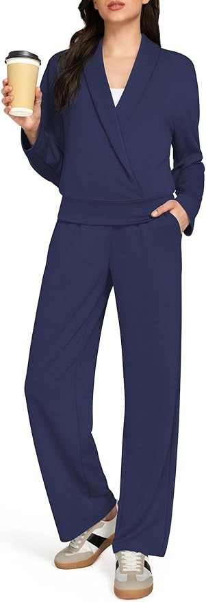 Casly Lamiit Women's 2 Piece Lounge Set Casual Outfits Lapel Wrap Top Wide Leg Pants Travel Cloth... | Amazon (US)