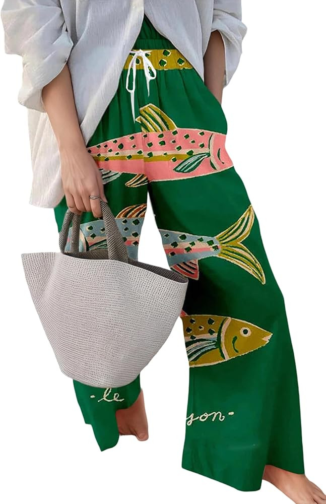 Women's Sardine Graphic Palazzo Pants Elastic Wide Leg High Waisted Beach Vacation Long Trousers ... | Amazon (US)